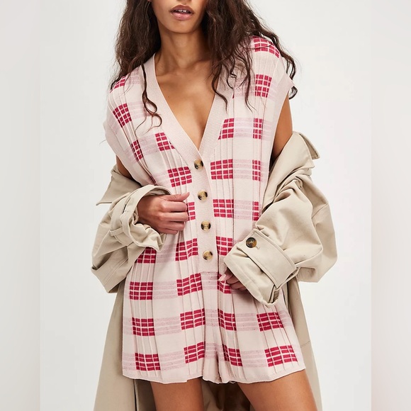 Free People Lewis Plaid Sweater Knit Button Front V-Neck Relaxed Romper